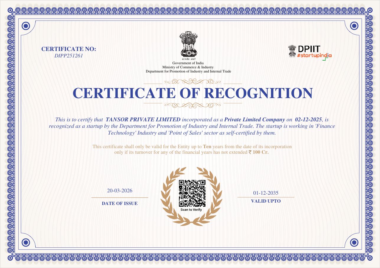 DPIIT Certificate of Recognition for Tansor Private Limited, certificate number DIPP251261, issued 20 March 2026